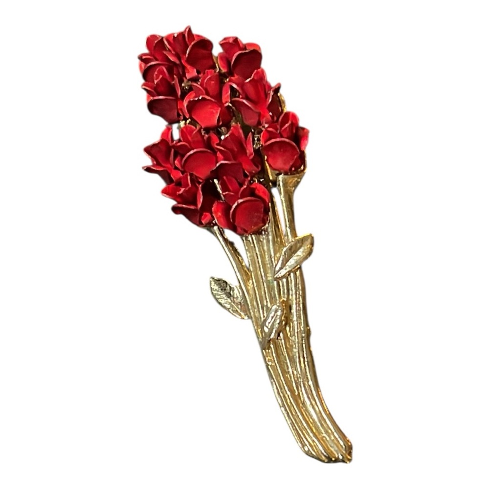 Metal Floral and Gold Toned Brooch - 1 Dozen Red Roses. Signed DM97